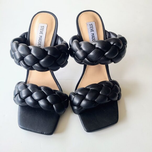 Steve Madden 'Kenley' Chunky Black Braided Leather Sandal Stiletto Heels Size 7 - Picture 3 of 14